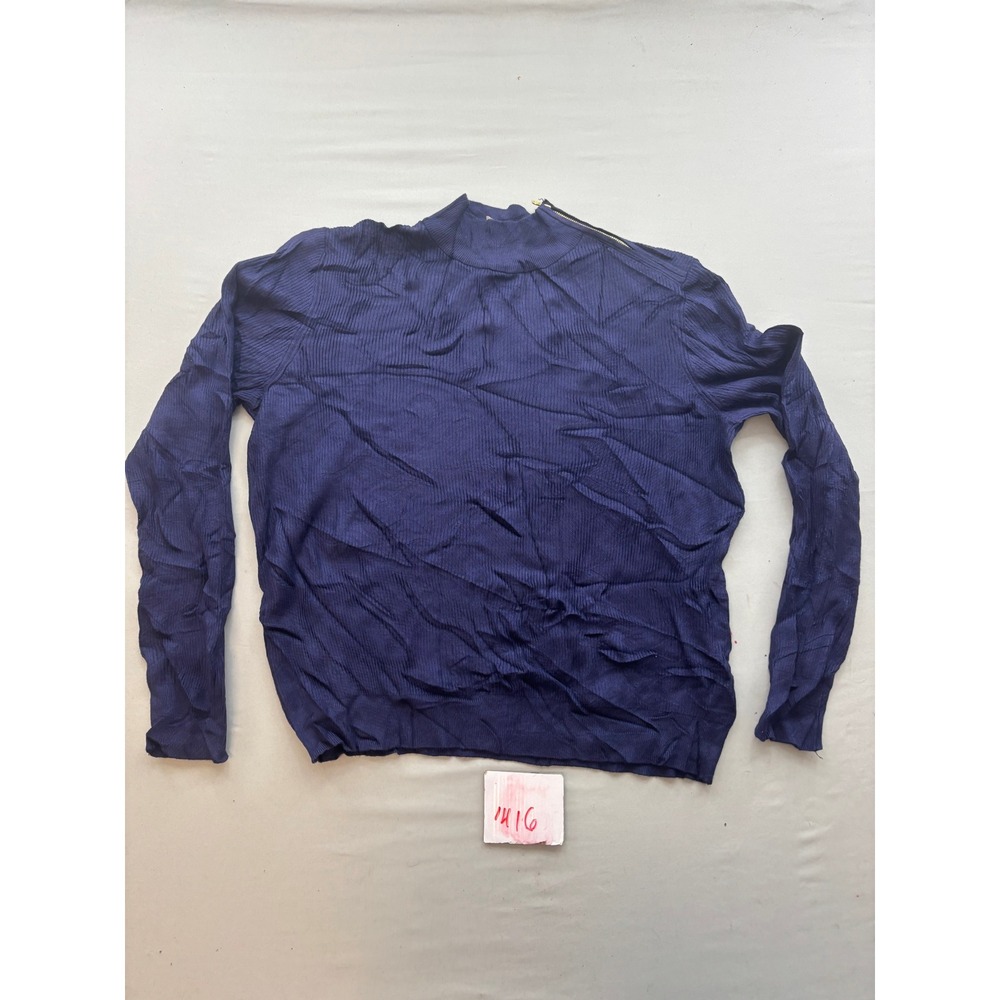 Anne Klein Navy Blue Ribbed Mock Neck Sweater Gold Shoulder Zip XL